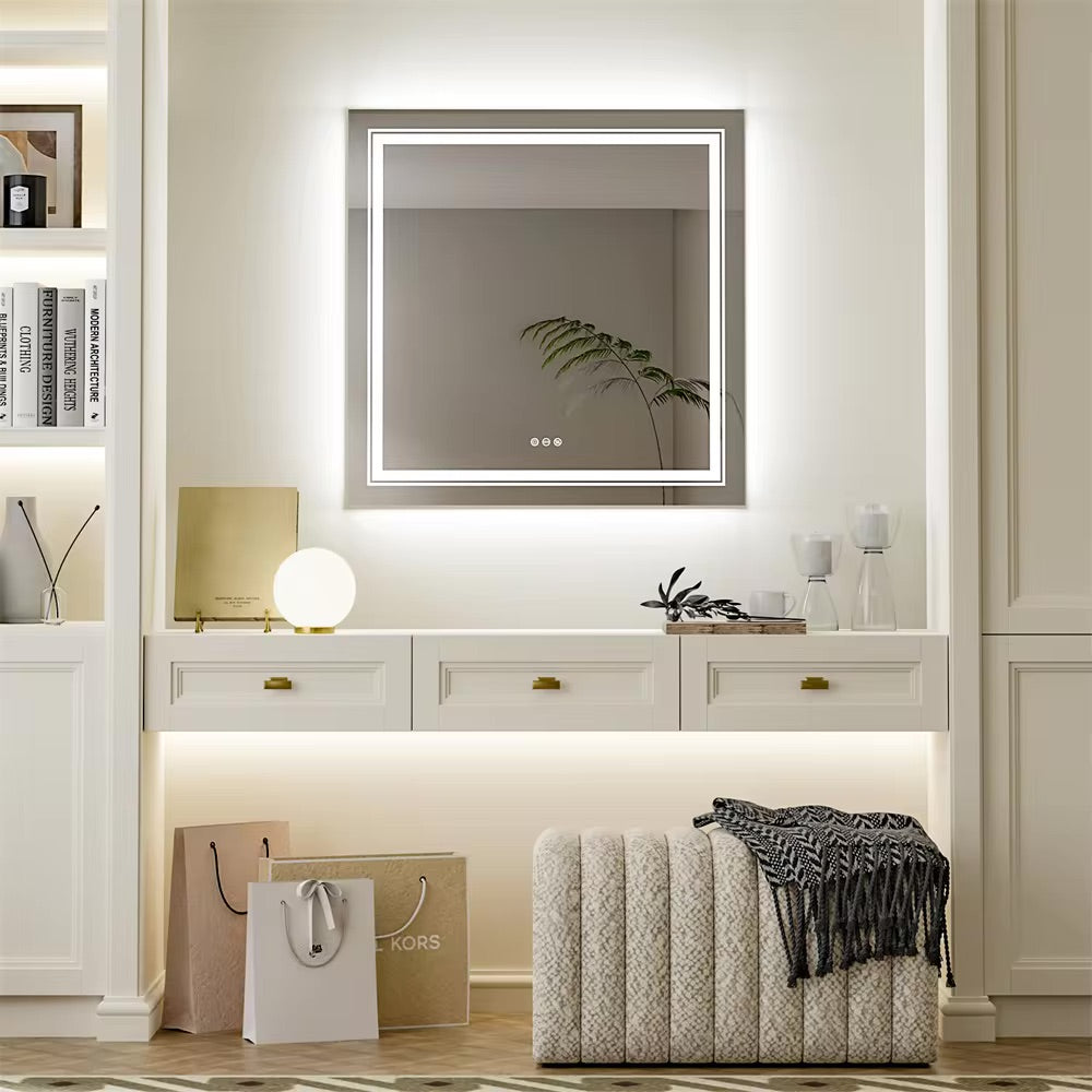 Square Illuminated Bathroom Mirror with Dimmable LED Lights & Anti-Fog