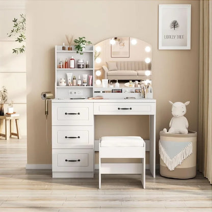 White makeup vanity desk with illuminated arched mirror and 4 spacious drawers