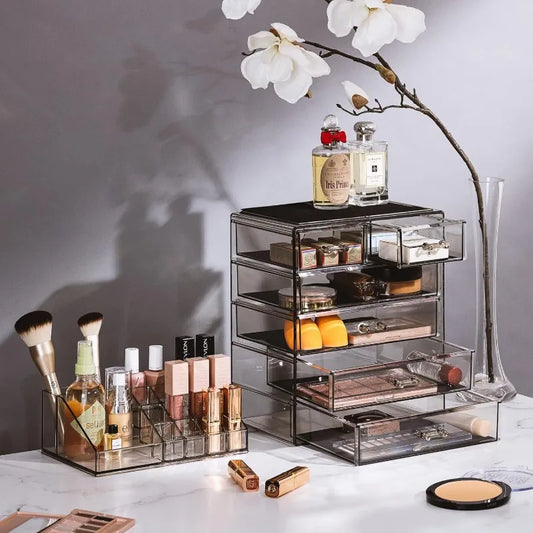 Clear Acrylic Cosmetic Organizer with Removable Top Compartment for Makeup and Jewelry Storage