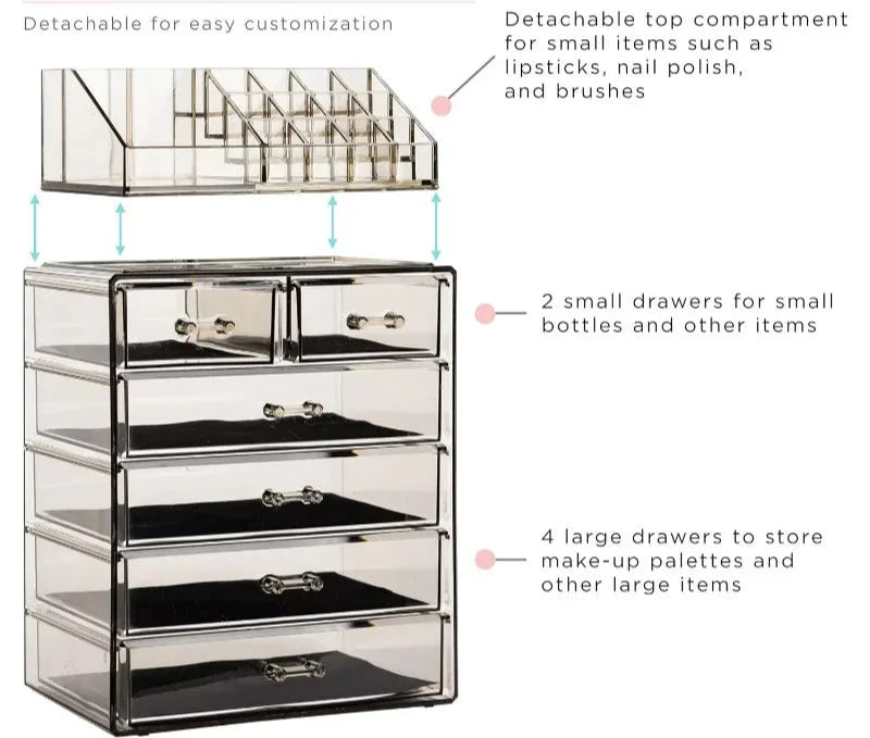 Clear Acrylic Cosmetic Organizer with Removable Top Compartment for Makeup and Jewelry Storage