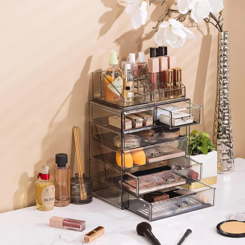 Clear Acrylic Cosmetic Organizer with Removable Top Compartment for Makeup and Jewelry Storage