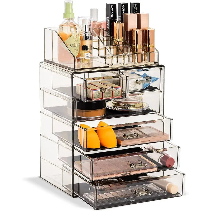 Clear Acrylic Cosmetic Organizer with Removable Top Compartment for Makeup and Jewelry Storage