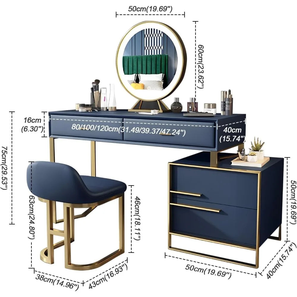 Vanity Desk with Adjustable LED Mirror, 4 Drawers, and Stool