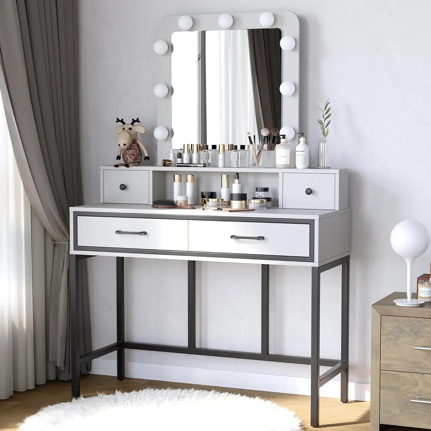 Vanity Desk with Hollywood Mirror, 4 Drawers, and Adjustable LED Lighting