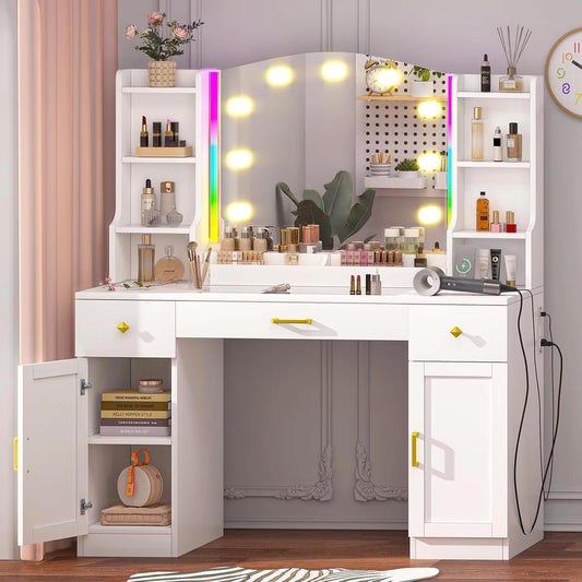 Large Makeup Vanity Desk with Mirror, RGB Lights, and Built-In Power Strip