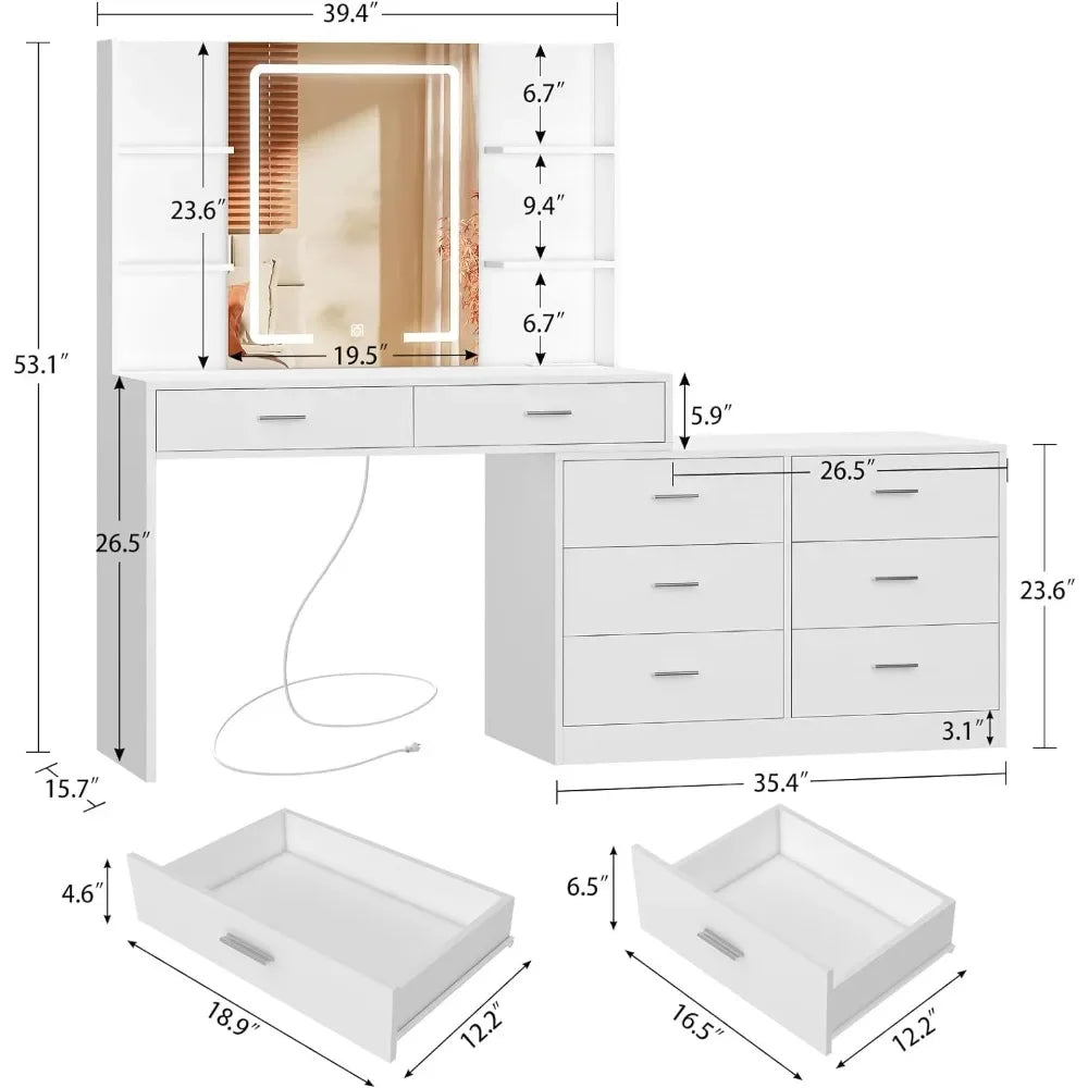 Modern Corner Vanity Desk with LED Mirror, Power Outlet & 8 Drawers