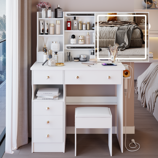 Vanity Desk with LED Lighted Mirror, Sliding Storage, and Stool