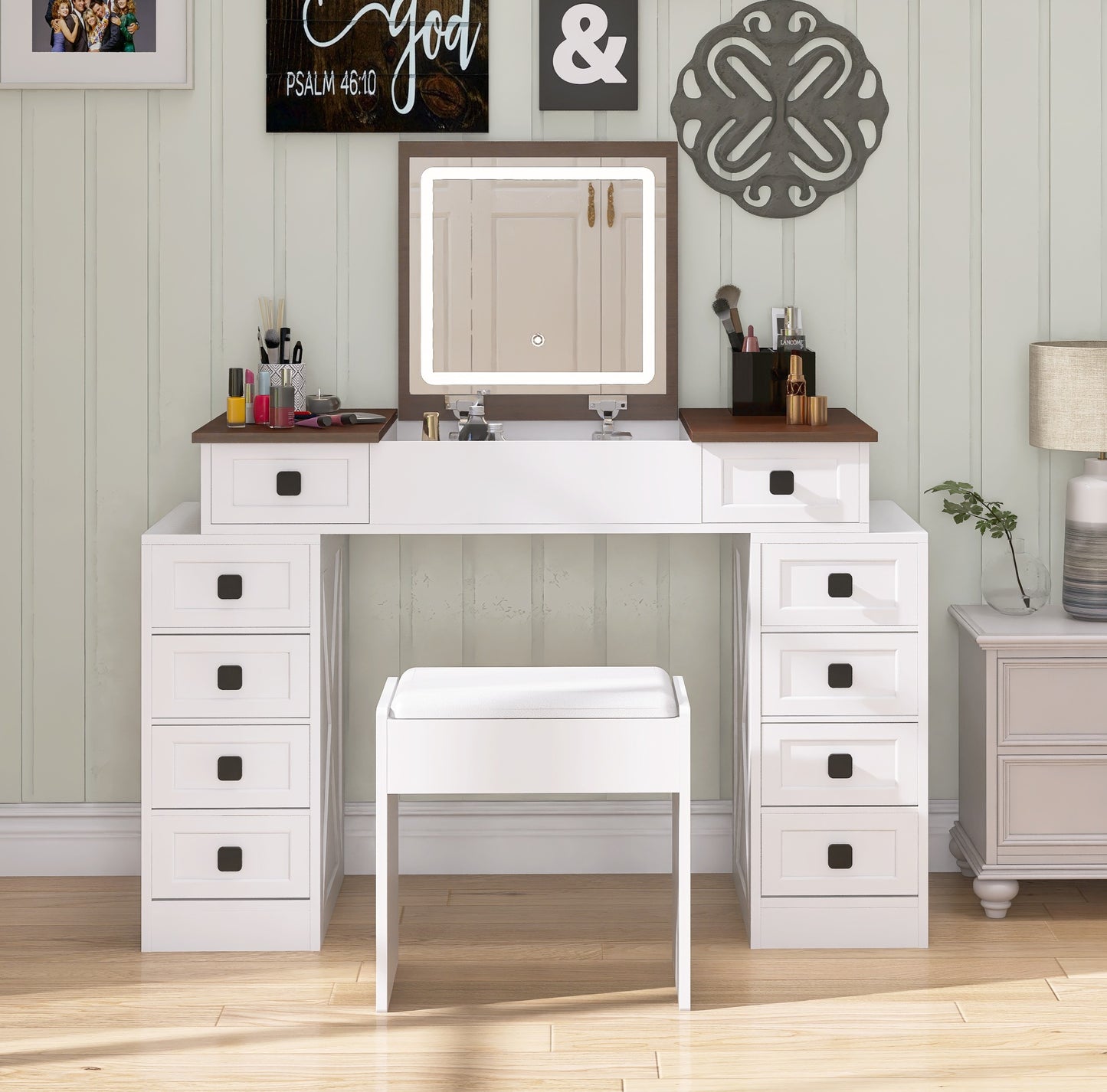 Makeup Vanity Desk with Flip-Up Mirror, LED Lights, and 10 Drawers