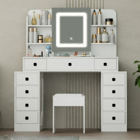 Vanity Desk with Sliding Mirror, LED Lighting, and 11 Drawers