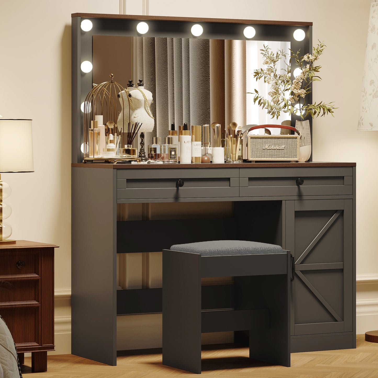 Black Makeup Vanity Table with LED Mirror, Storage, and Stool