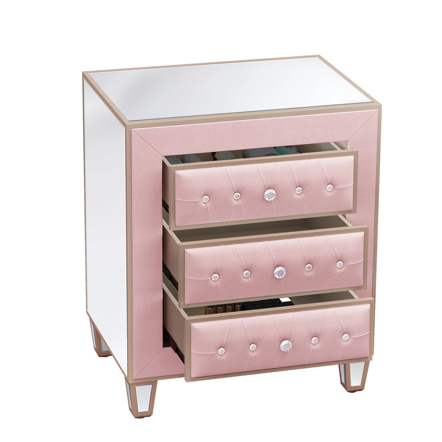 Velvet Bedside Table with 3 Drawers and Crystal Handles