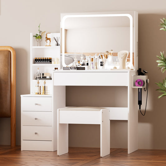 Vanity Table with LED Mirror, Adjustable Lighting, Storage, and Stool