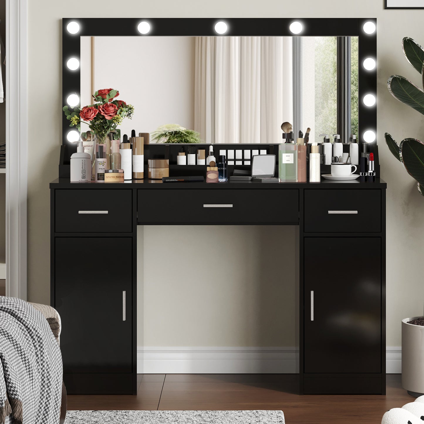 47.5" Vanity Desk with Mirror, LED Lights, and Storage