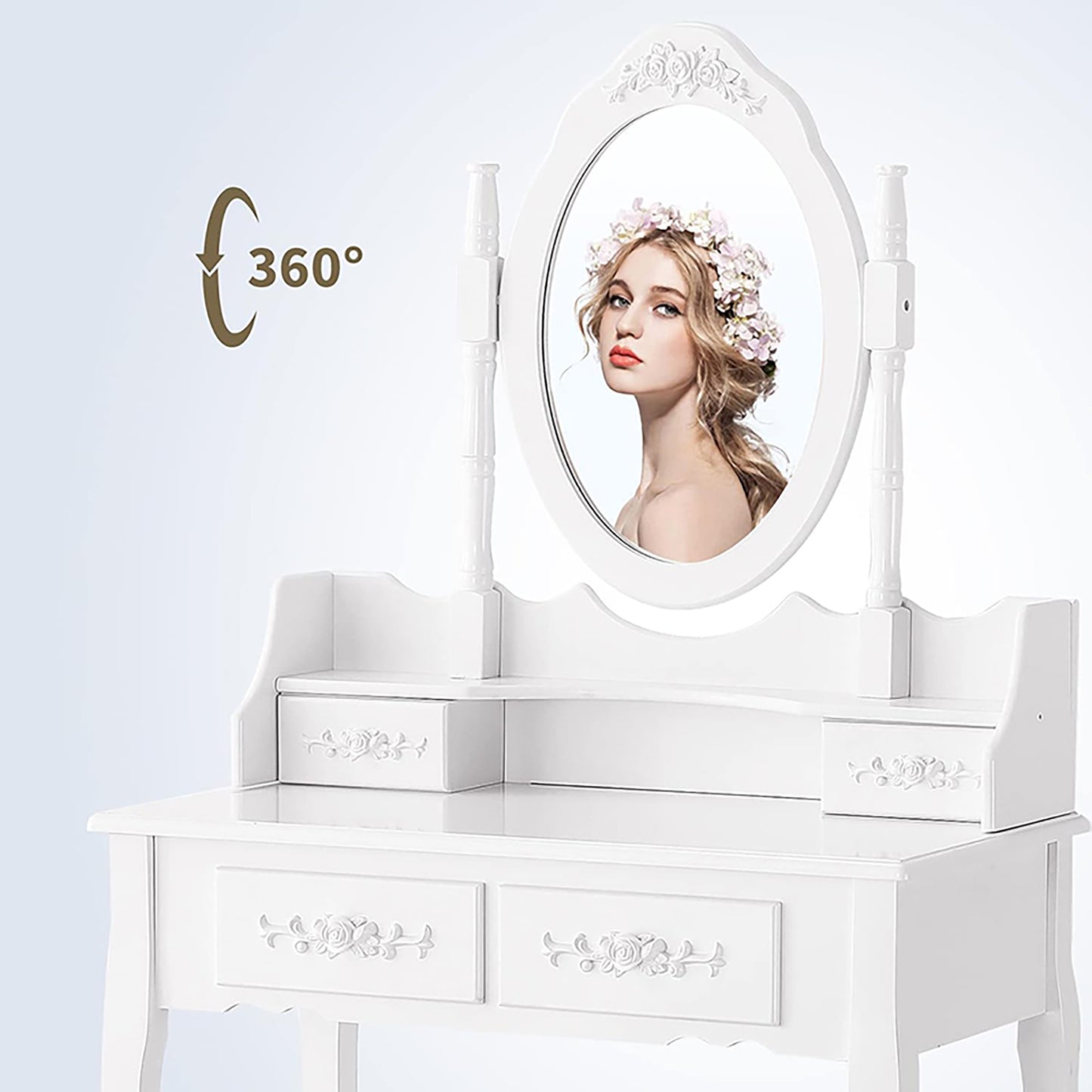 Elegant Vanity Table with Rotating Mirror, 4 Drawers, and Cushioned Stool