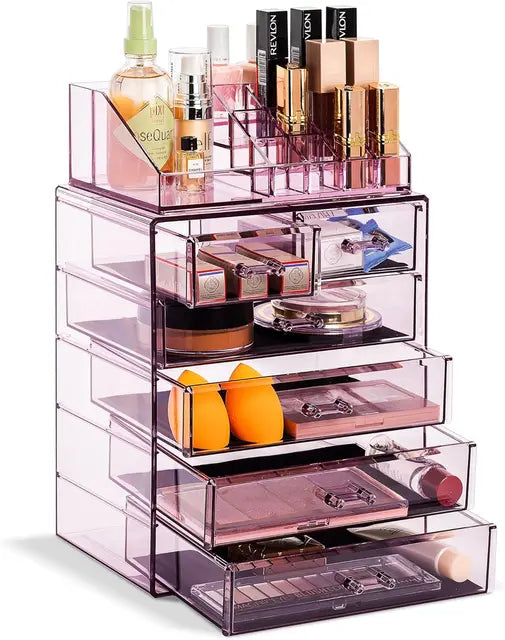 Clear Acrylic Cosmetic Organizer with Removable Top Compartment for Makeup and Jewelry Storage