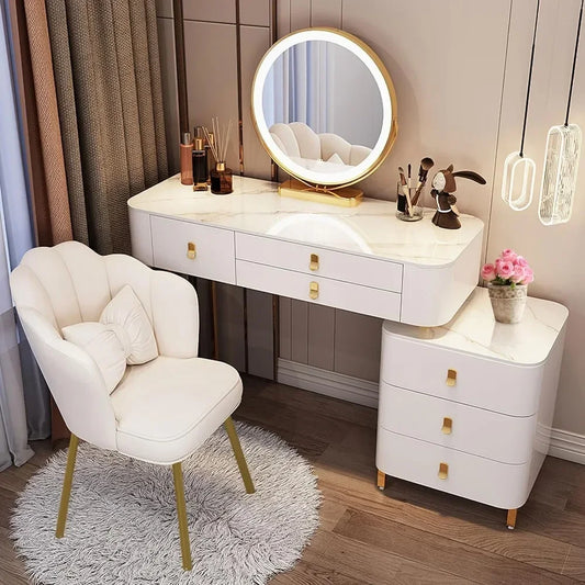 Modern Makeup Vanity with LED Mirror, 6 Drawers, Rock Slab Countertop, and Storage Chair