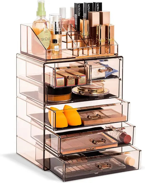 Clear Acrylic Cosmetic Organizer with Removable Top Compartment for Makeup and Jewelry Storage