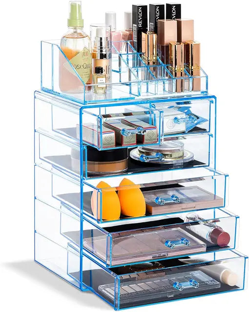 Clear Acrylic Cosmetic Organizer with Removable Top Compartment for Makeup and Jewelry Storage