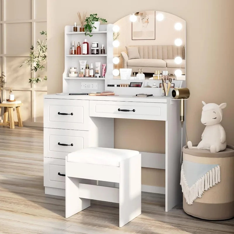Modern white vanity desk with built-in mirror lights and multiple drawers for organization