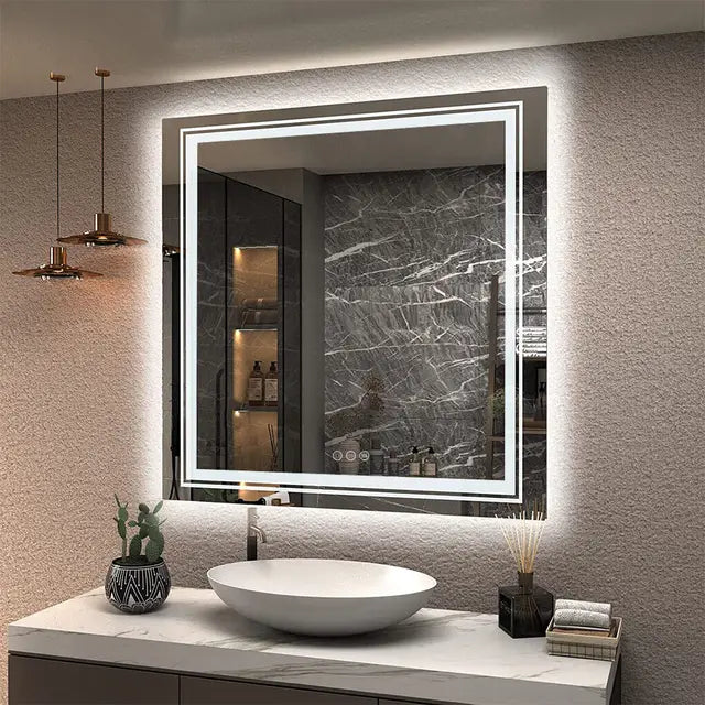 Square Illuminated Bathroom Mirror with Dimmable LED Lights & Anti-Fog