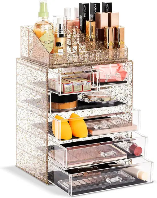 Clear Acrylic Cosmetic Organizer with Removable Top Compartment for Makeup and Jewelry Storage