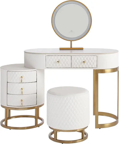 Vanity Desk Set with LED Mirror, 5 Drawers, Faux Leather Stool, and Slate Top