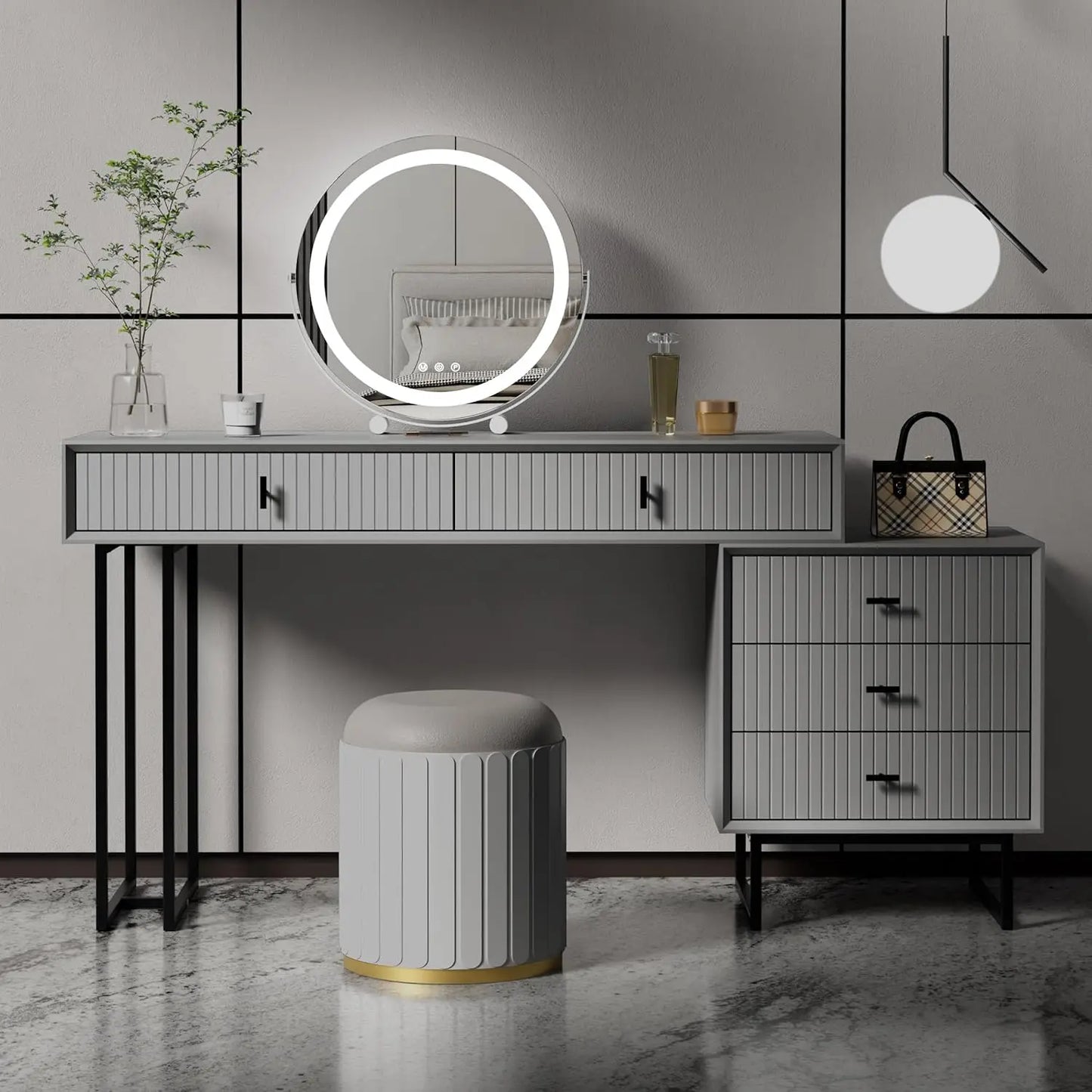 Modern grey makeup vanity with movable 3-drawer chest