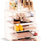 Clear Acrylic Cosmetic Organizer with Removable Top Compartment for Makeup and Jewelry Storage