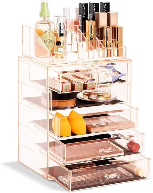 Clear Acrylic Cosmetic Organizer with Removable Top Compartment for Makeup and Jewelry Storage