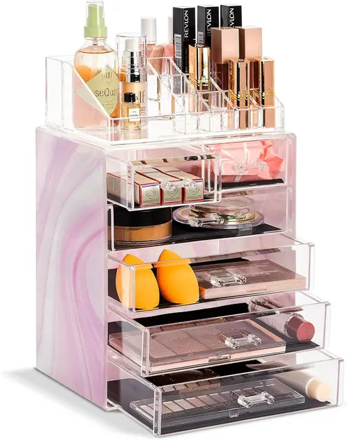 Clear Acrylic Cosmetic Organizer with Removable Top Compartment for Makeup and Jewelry Storage