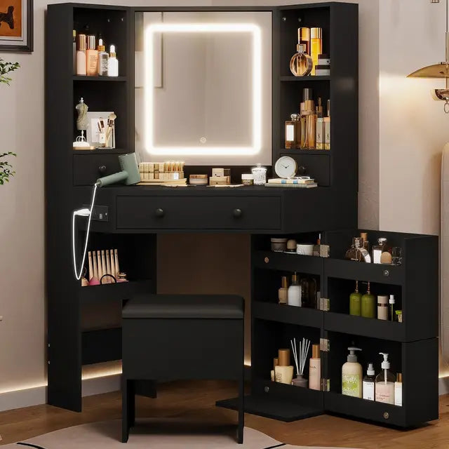 Corner Vanity Desk with LED Mirror, Charging Station, Rotating Shelves, and Cushioned Stool