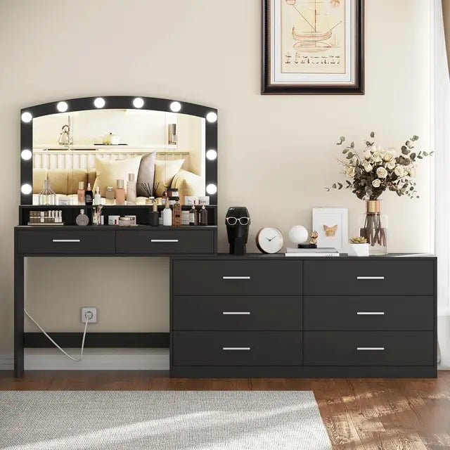 Large Makeup Vanity Desk with Hollywood Mirror and 8 Drawers