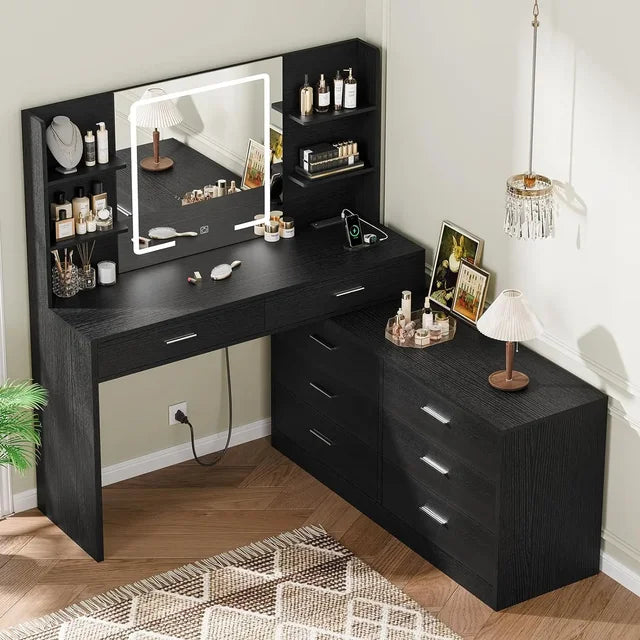 Modern Corner Vanity Desk with LED Mirror, Power Outlet & 8 Drawers