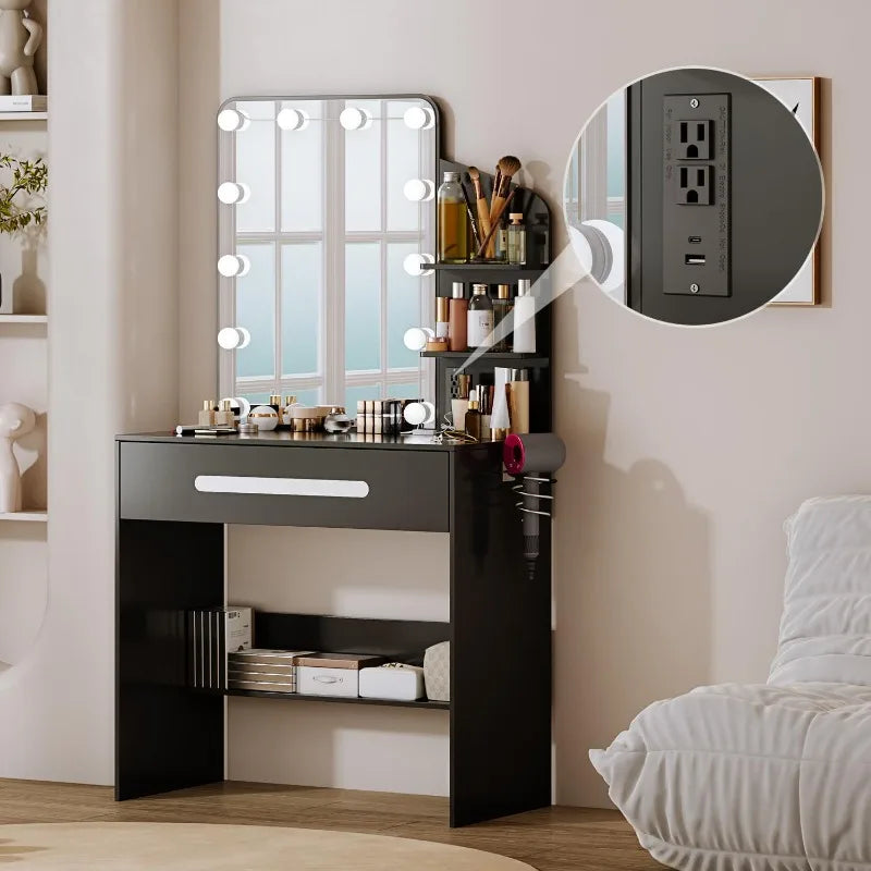 Modern Vanity Desk with Lighted LED Mirror and Comprehensive Storage Features