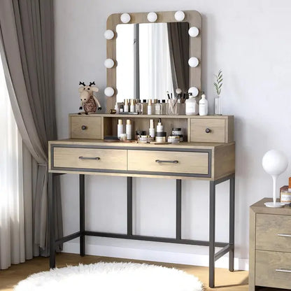 Vanity Desk with Hollywood Mirror, 4 Drawers, and Adjustable LED Lighting