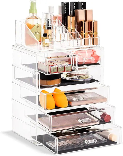 Clear Acrylic Cosmetic Organizer with Removable Top Compartment for Makeup and Jewelry Storage