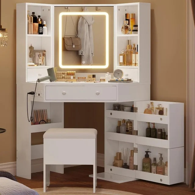 Corner Vanity Desk with LED Mirror, Charging Station, Rotating Shelves, and Cushioned Stool