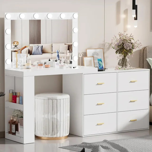 Makeup Vanity Desk with LED Mirror, 6 Drawers, Charging Station, and Adjustable Width