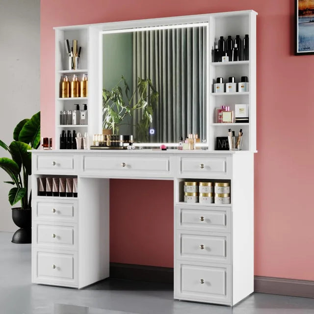 Large Vanity Desk with Lighted Mirror and 9 Drawers, Built-In Wireless Charger and Mini Fridge