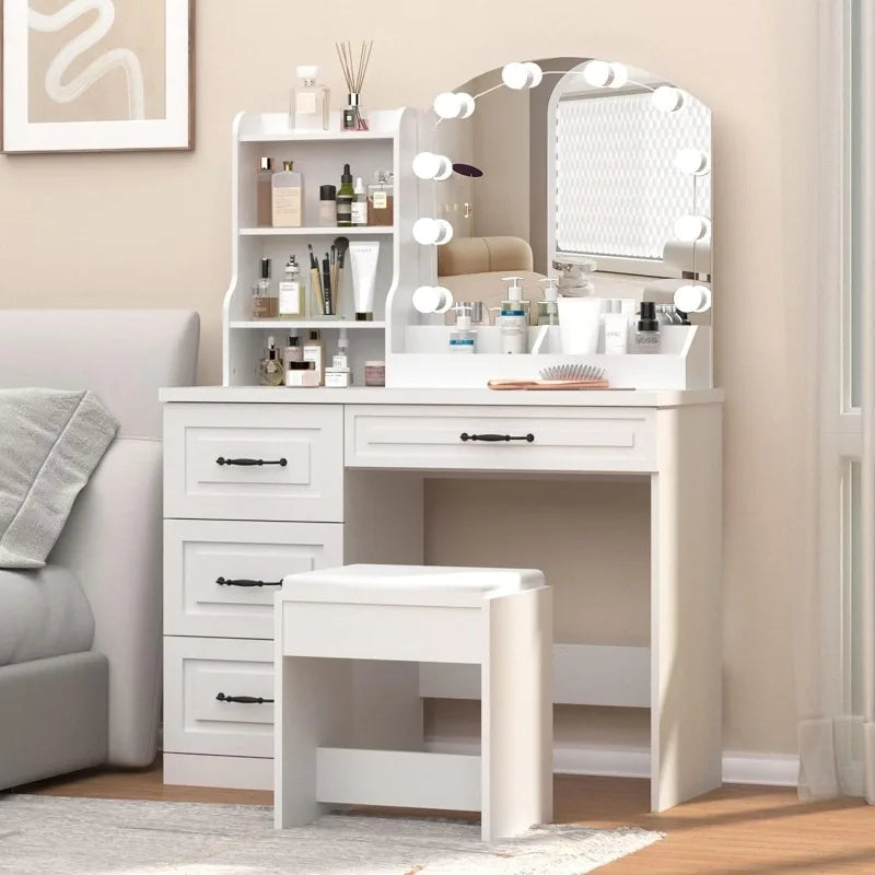 Makeup station with tri-color lighting options and generous drawer storage