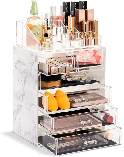 Clear Acrylic Cosmetic Organizer with Removable Top Compartment for Makeup and Jewelry Storage