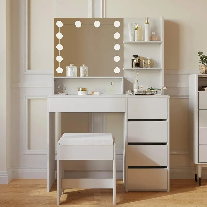 bright vanity desk with mirror and lights and chair for daily makeup routine