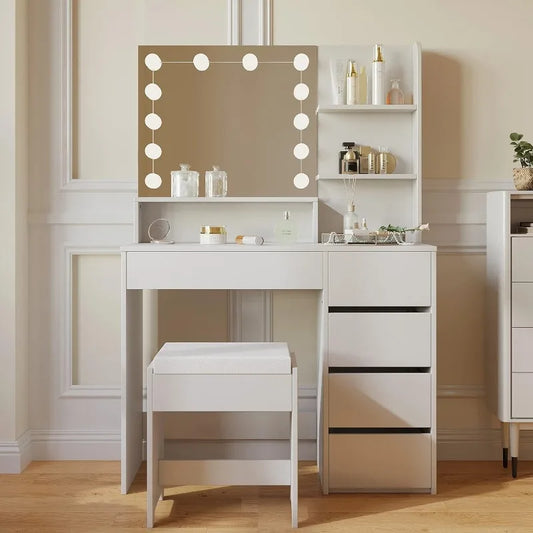 bright vanity desk with mirror and lights and chair for daily makeup routine