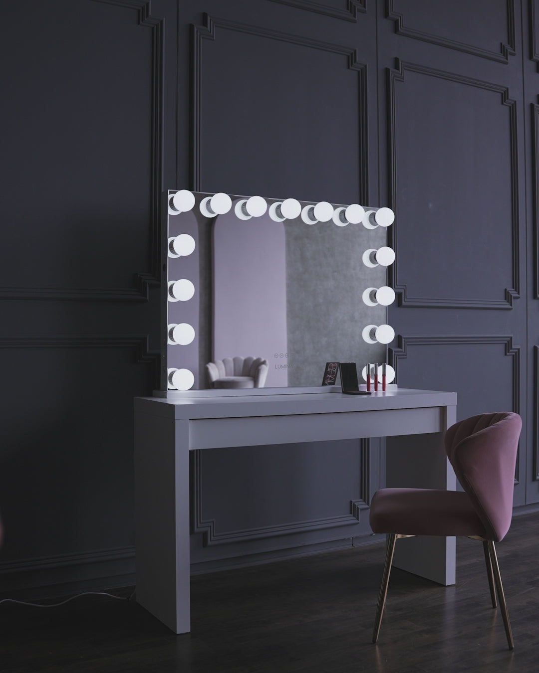 Vanity mirror with best sale lights table and chair